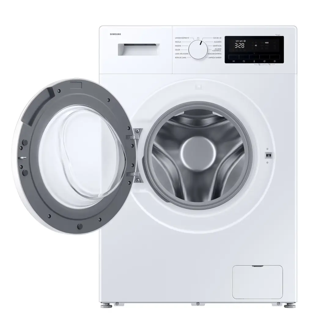 Vista de la lavadora Samsung WW70FG3M05TWEC abierta, mostrando su amplio tambor de acero inoxidable y sistema de lavado a vapor que cuida las prendas con suavidad – disponible en Electrocash.