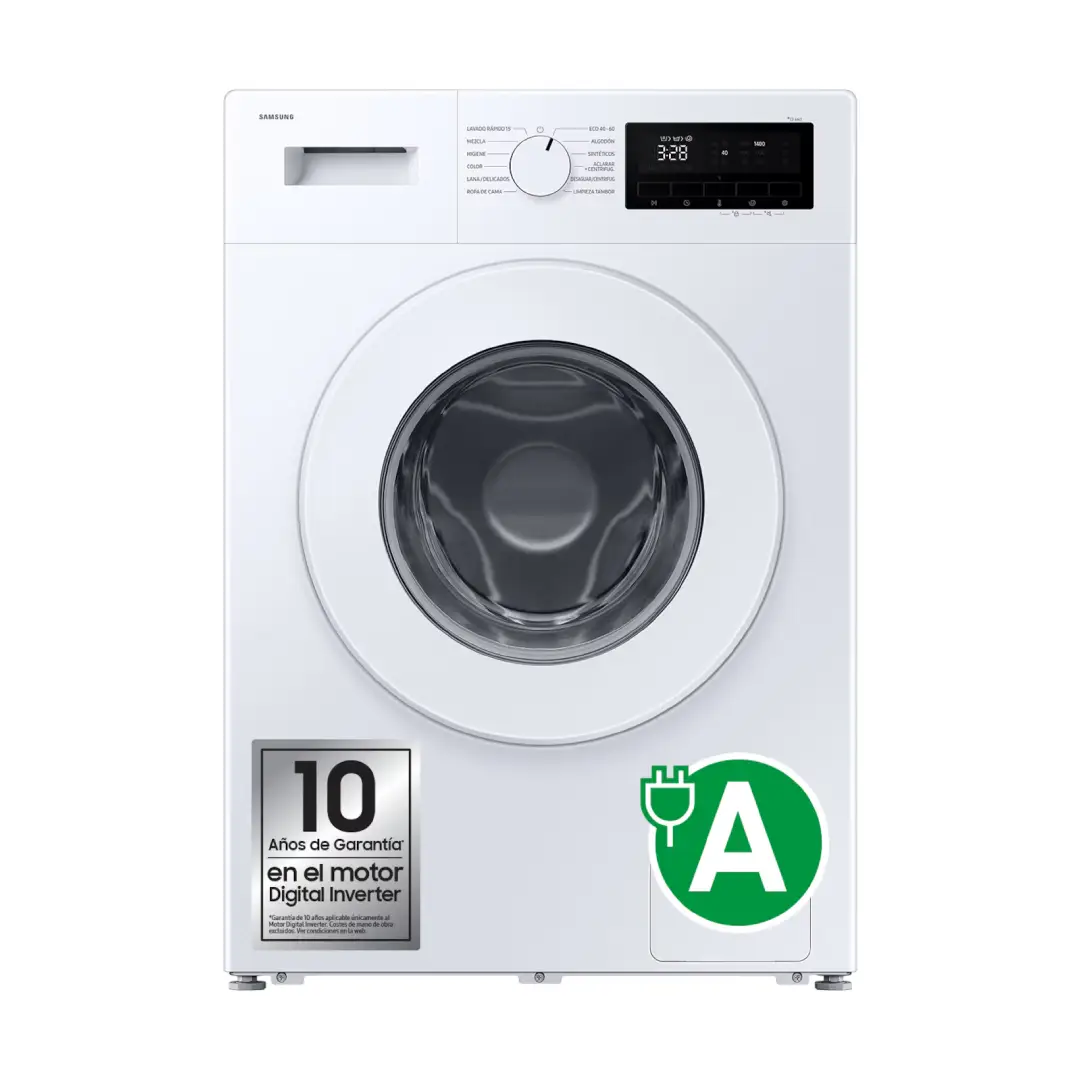 Lavadora Samsung WW70FG3M05TWEC blanca con capacidad de 7 kg y 1400 rpm, diseño moderno y eficiente con tecnología de vapor para eliminar alérgenos – disponible en Electrocash.