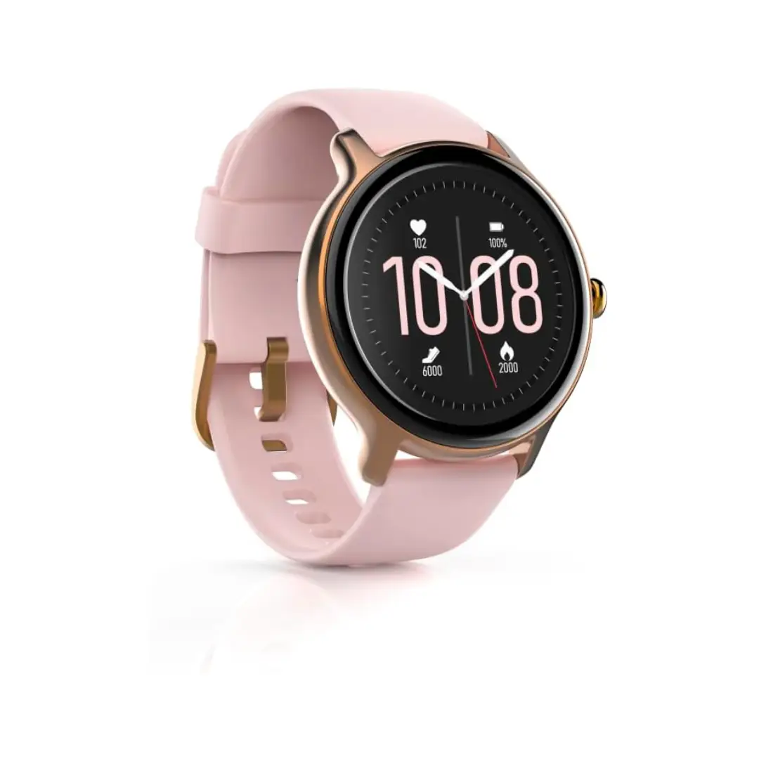 Imagen del Hama Fit Watch 4910 en color rosa/oro rosa, con pantalla LCD de 1,09", conectividad Bluetooth 5.1, resistencia al agua IP68 y funciones de monitorización de fitness.