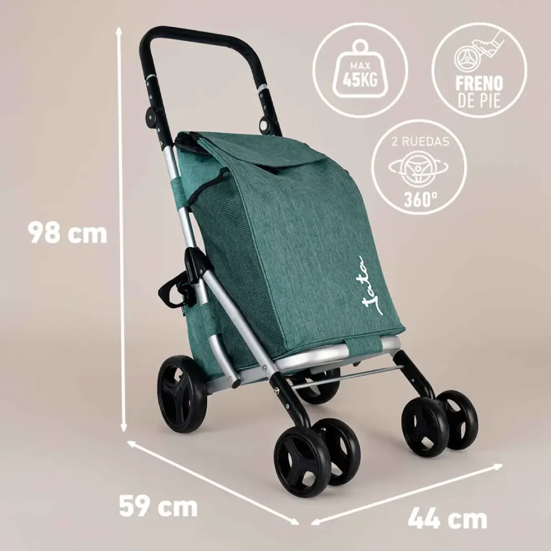 Imagen con las medidas y características del carro JATA HCAR-2501, incluyendo su estructura plegable, capacidad, ruedas y bolsa térmica.
