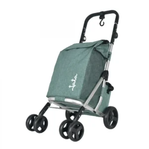 Carro de compra JATA HCAR-2501 fabricado en aluminio, con 4 ruedas, bolsa térmica y diseño plegable. Imagen frontal del producto.