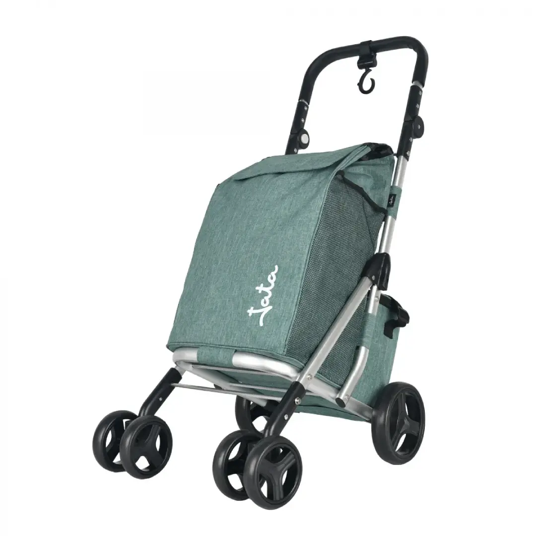 Carro de compra JATA HCAR-2501 fabricado en aluminio, con 4 ruedas, bolsa térmica y diseño plegable. Imagen frontal del producto.