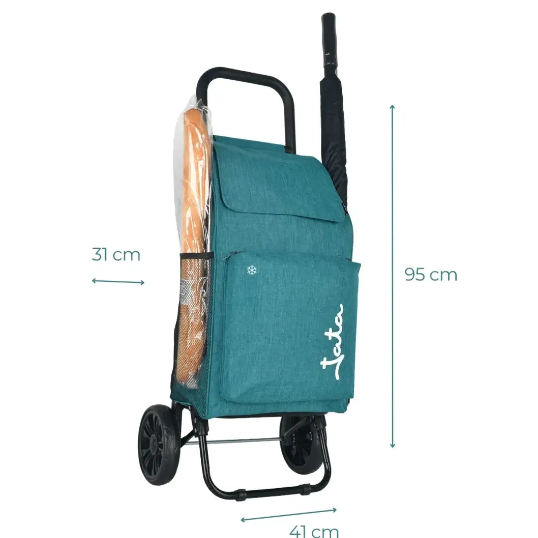 Imagen con las medidas del carro JATA HCAR-2503, mostrando la altura, profundidad, capacidad y detalles de sus 4 ruedas y la bolsa térmica.
