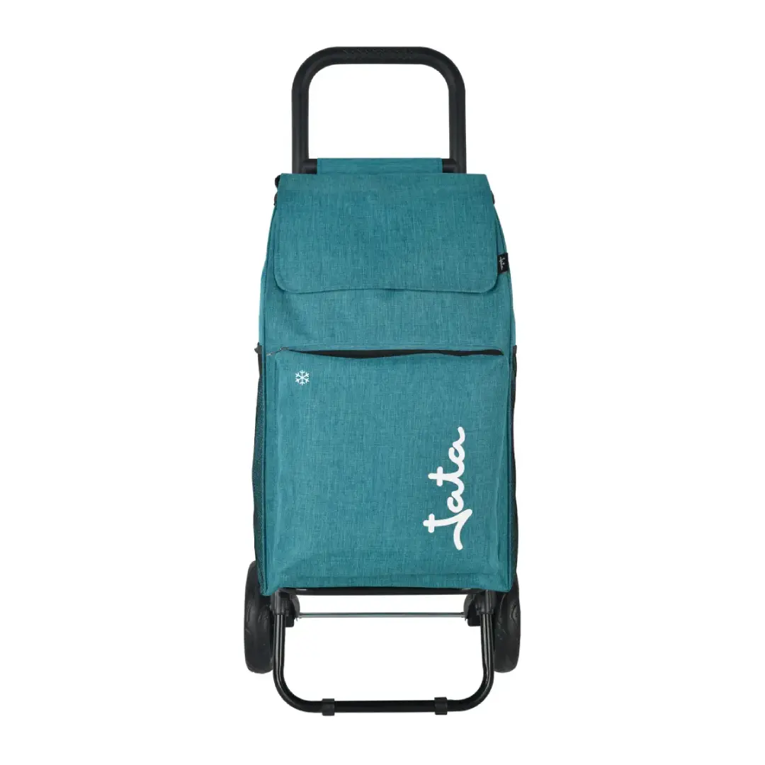 Carro de compra JATA HCAR-2503 con estructura de aluminio, 4 ruedas y bolsa térmica. Imagen frontal del carro de compra.
