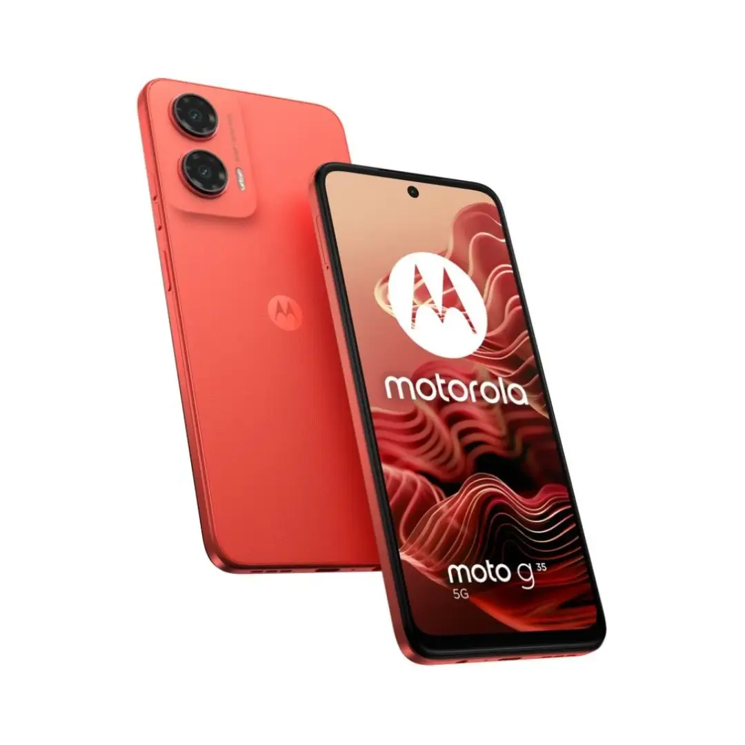 Imagen frontal del Motorola Moto G35 5G en color Guava Red mostrando su pantalla de 6,72" FHD+ 120 Hz y diseño estilizado.