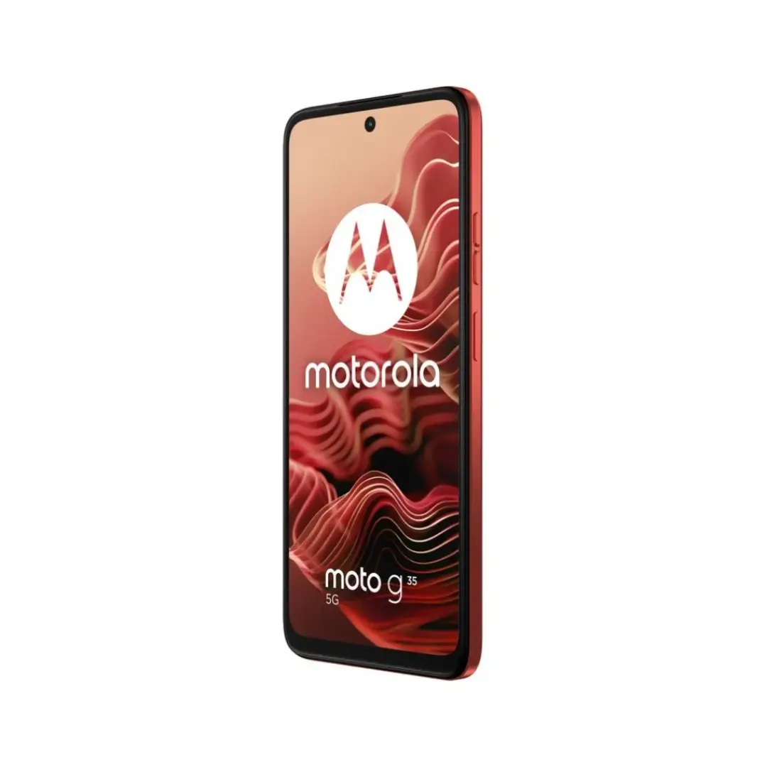 Imagen lateral del Motorola Moto G35 5G en color Guava Red donde se aprecia el grosor del dispositivo y los botones laterales.
