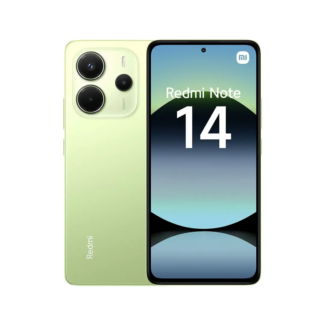 Smartphone Xiaomi Redmi Note 14 en color Verde Lima con pantalla AMOLED de 6,67 pulgadas FHD+, procesador potente, 6GB de RAM y 128GB de almacenamiento. Diseño elegante y rendimiento equilibrado — disponible en Electrocash.