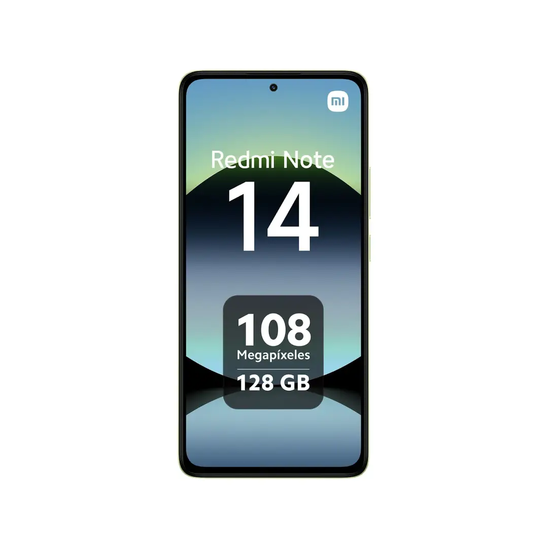 Vista frontal del Xiaomi Redmi Note 14 mostrando su pantalla AMOLED de 6,67 pulgadas FHD+ con marcos finos y cámara frontal centrada para selfies nítidos — disponible en Electrocash.