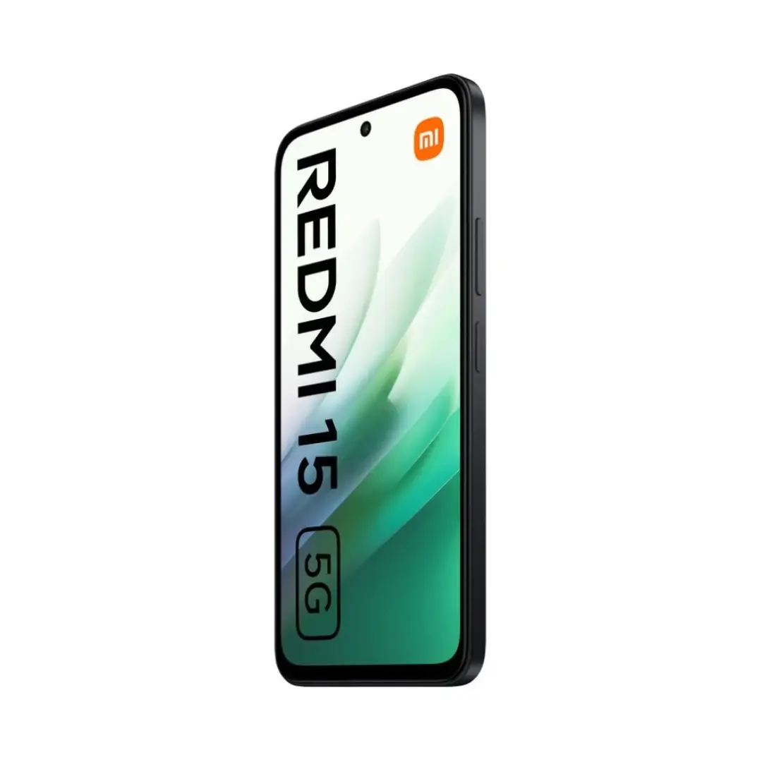 Perfil lateral del Xiaomi Redmi 15 5G mostrando su grosor reducido, botones de volumen y encendido, y diseño elegante en color negro — disponible en Electrocash.