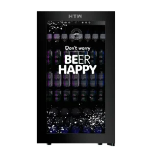 Imagen de la birrateca HTW HTW-NV-120BC con capacidad para 153 latas, temperatura hasta -6 ºC, iluminación RGB y puerta de cristal. Enfriador de bebidas premium disponible en Electrocash.