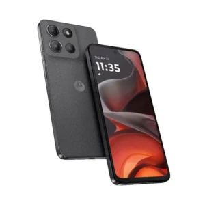 Imagen frontal del Motorola Moto G15 en color Gravity Grey, mostrando su pantalla de 6,72" Full HD+, diseño estilizado y especificaciones destacadas como 8GB de RAM y 256GB de almacenamiento.