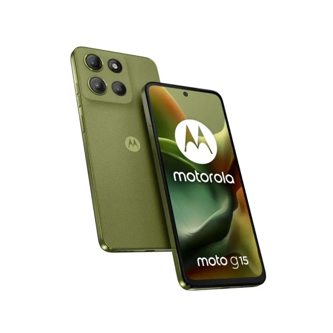 Imagen frontal del Motorola Moto G15 en color Iguana Green mostrando su pantalla de 6,72" Full HD+ y diseño delgado.