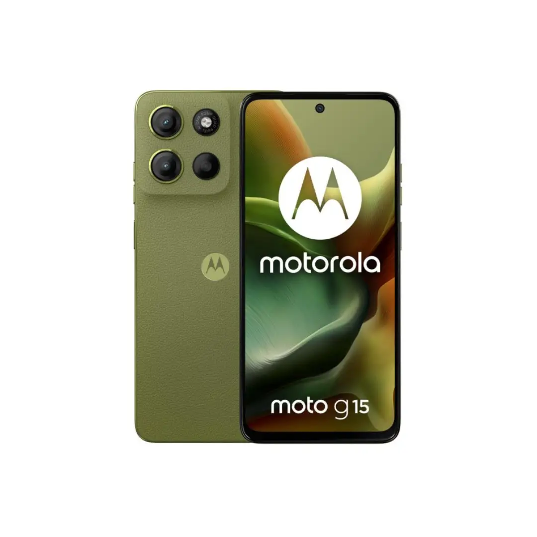 Imagen frontal alternativa del Motorola Moto G15 Iguana Green destacando su pantalla amplia y acabado brillante.