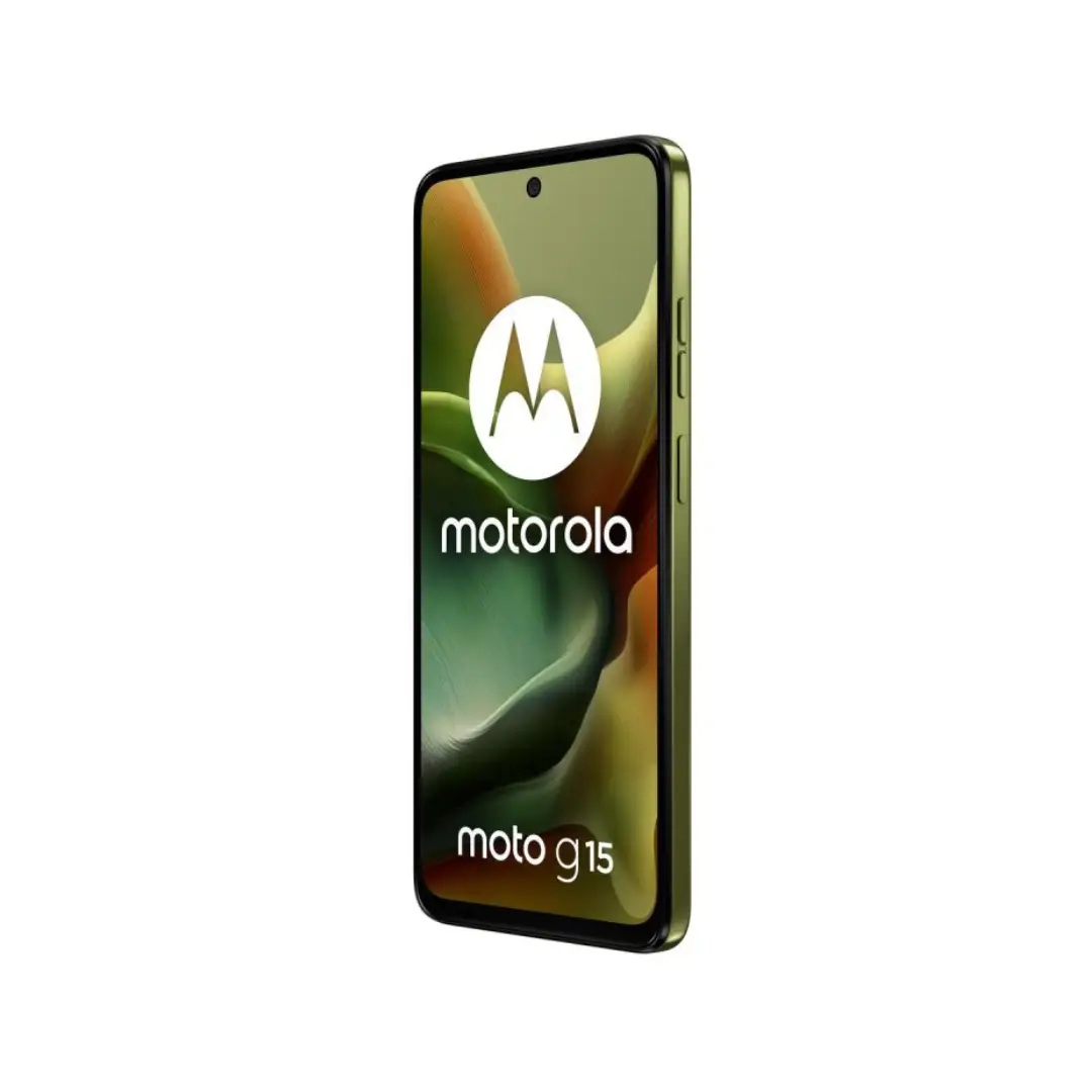 Imagen lateral del Motorola Moto G15 en color Iguana Green mostrando el grosor del dispositivo y los botones laterales.