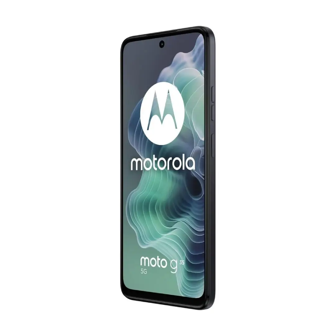 Imagen lateral del Motorola Moto G35 5G en color Greystone, mostrando su grosor reducido y los botones laterales.