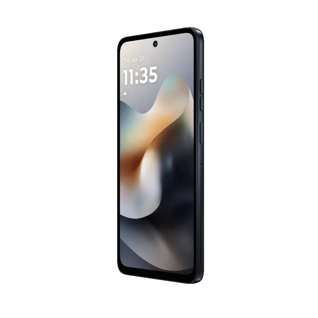Imagen lateral del Motorola Moto G56 5G Black Oyster mostrando el grosor del dispositivo y los botones de volumen y encendido.