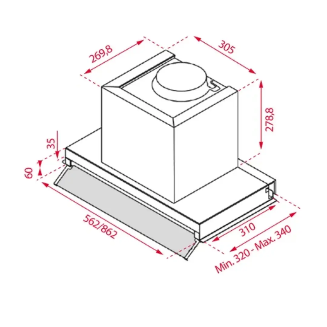 Imagen con las dimensiones de la campana de integración Teka 66750 en acero inox, mostrando altura, anchura y profundidad del aparato.