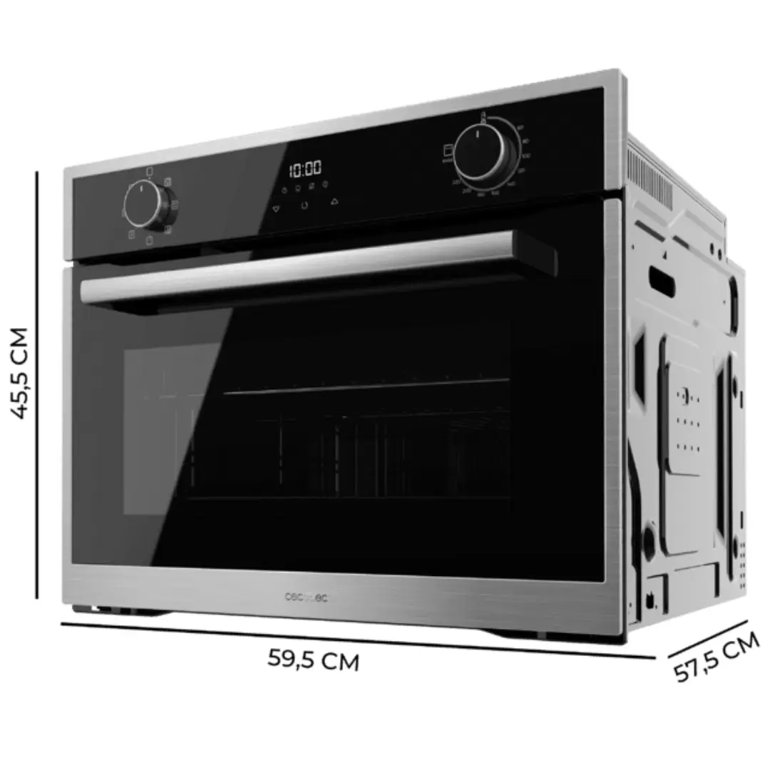 Imagen con las dimensiones del horno Cecotec Honor 45 Inox modelo 02825 HEXA M224500, mostrando altura, anchura y profundidad para instalación.