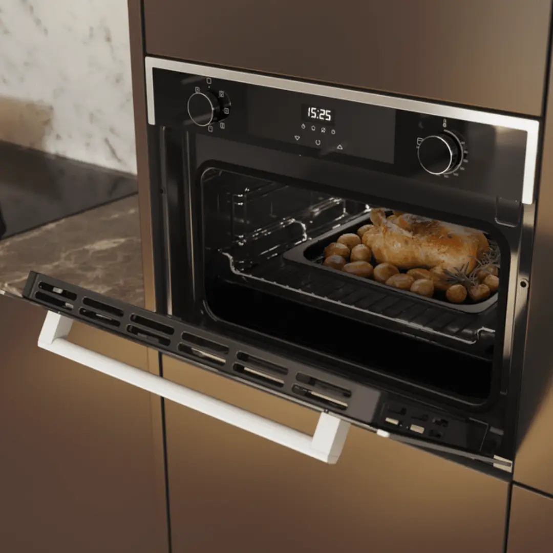 Imagen del horno Cecotec Honor 45 Inox 02825 HEXA M224500 instalado en una cocina y con la puerta abierta, mostrando su interior y bandejas.