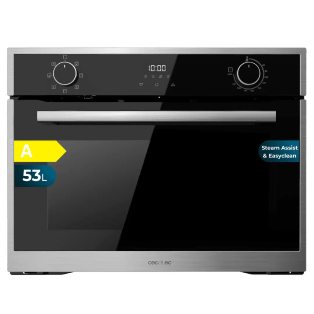 Imagen frontal del horno multifunción Cecotec Honor 45 Inox 02825 HEXA M224500, con capacidad de 53 litros, acabado en acero inoxidable y diseño integrable.