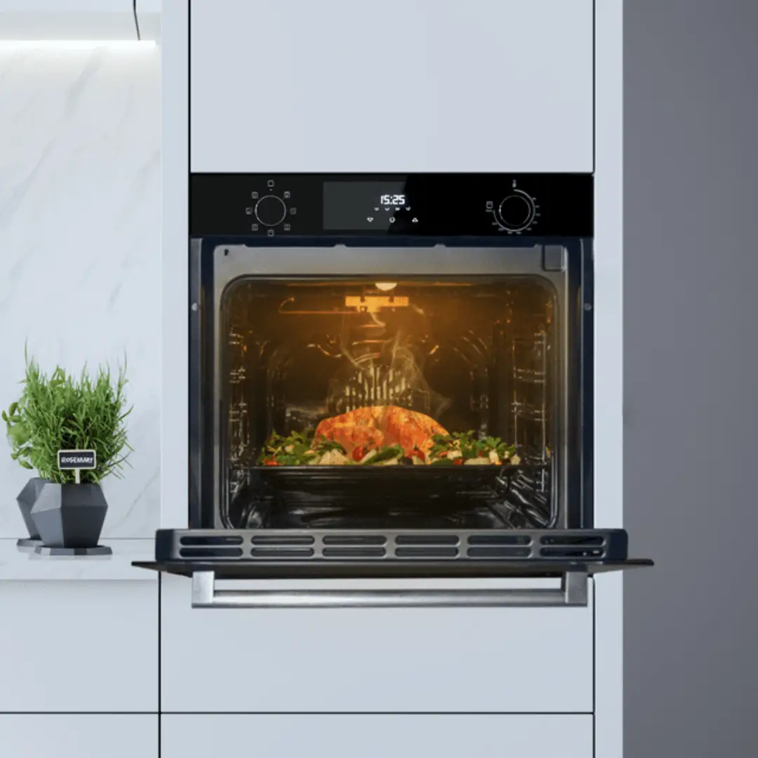 Imagen del horno Cecotec 2809 HEXA M226000 en color negro, instalado en una cocina y con la puerta abierta, mostrando su interior y bandejas.