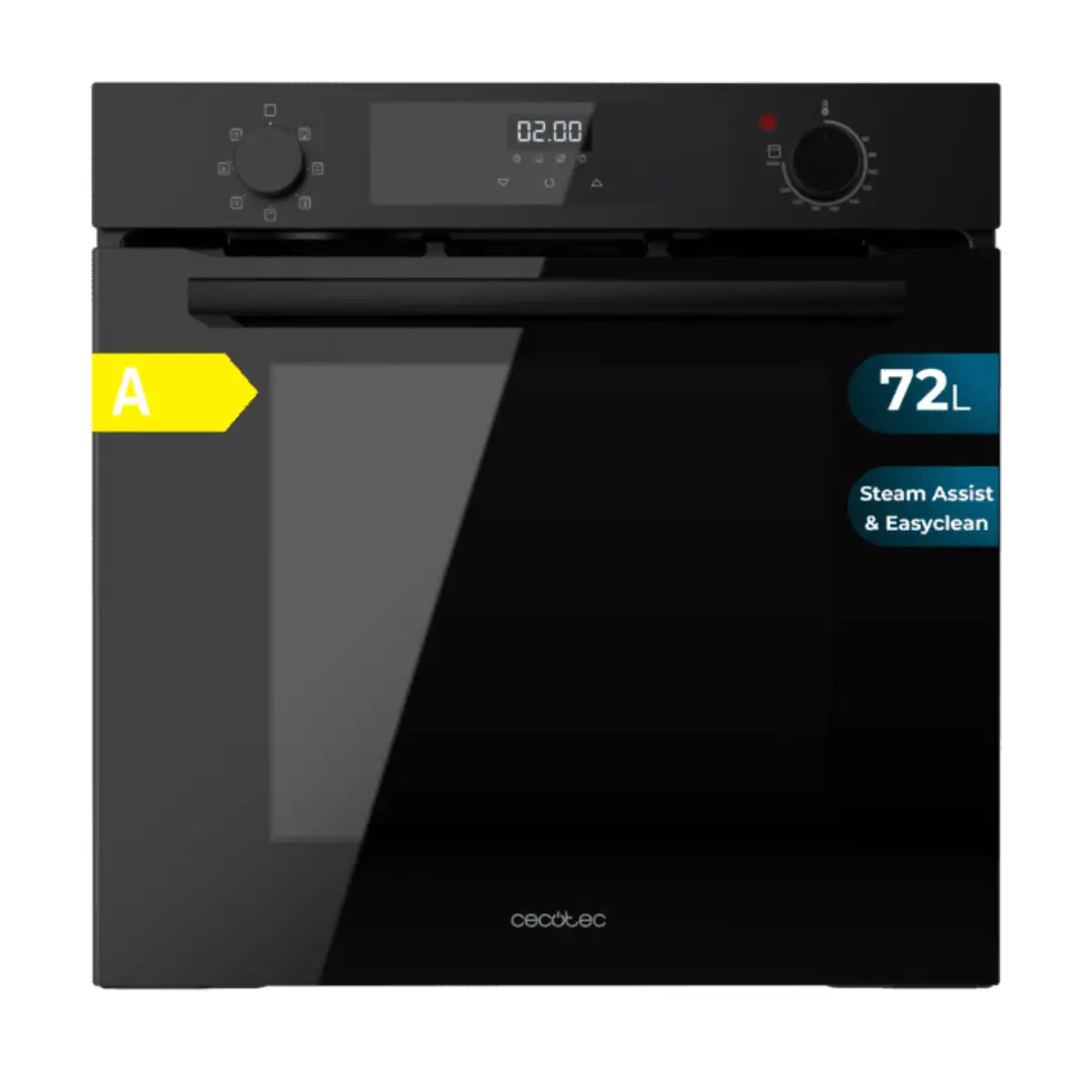 Imagen frontal del horno multifunción Cecotec 2809 HEXA M226000 en color negro, con capacidad de 72 litros, 2800 W de potencia y tecnología Steam Assist.
