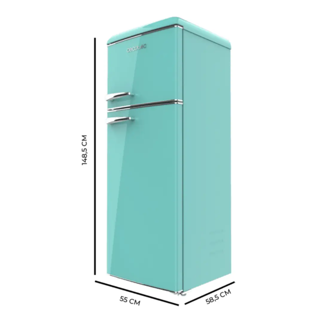 Imagen con las dimensiones del frigorífico Cecotec CoolMarket 2D Origin 215 Verde, indicando altura, anchura y profundidad del electrodoméstico.