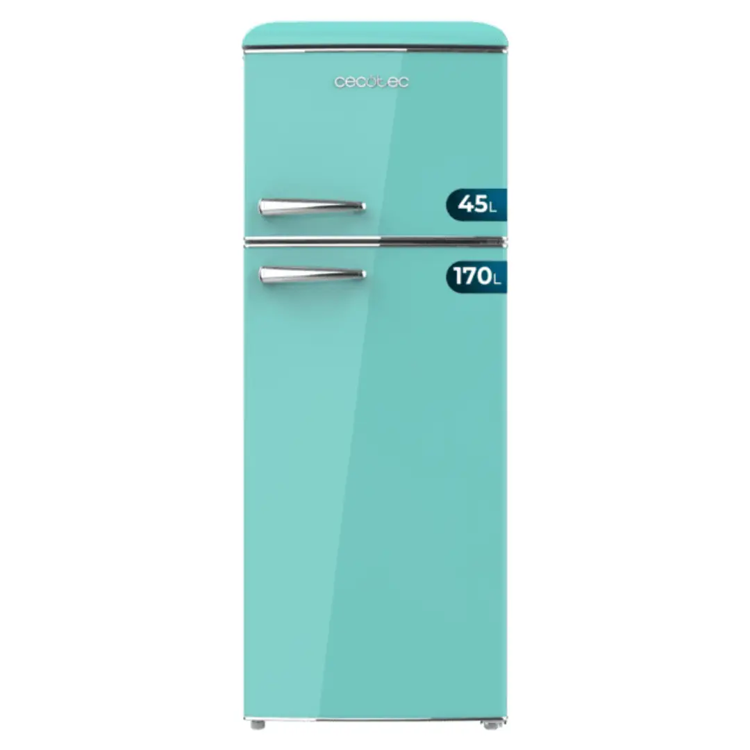 Imagen frontal del frigorífico Cecotec Bolero CoolMarket 2D Origin 215 en color verde, diseño retro con tirador cromado y altura de 148 cm.