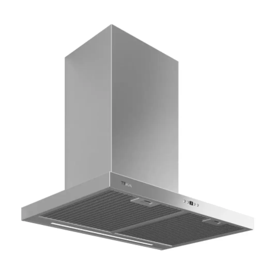Imagen lateral de la campana decorativa Teka DSH-786 en acero inox, mostrando el diseño elegante y los detalles de instalación.