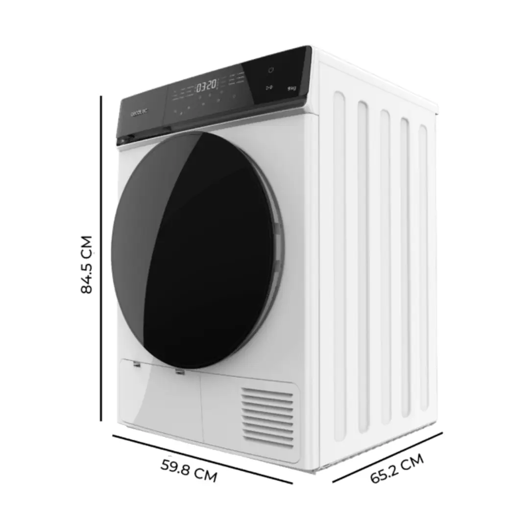 Imagen con las dimensiones de la secadora Cecotec DRY 9400 02170 en acabado blanco, mostrando altura, anchura y profundidad del aparato.