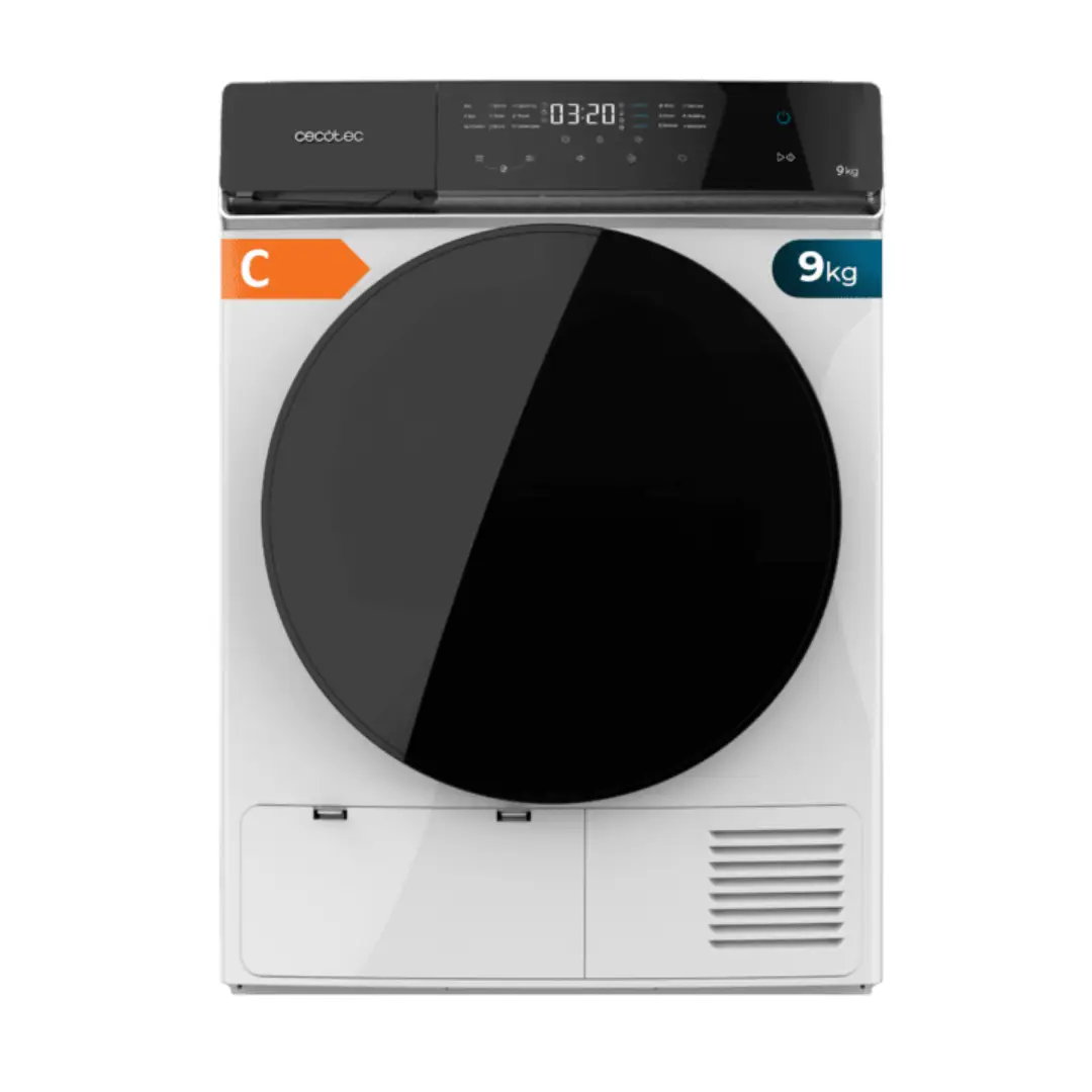 Imagen frontal de la secadora Cecotec DRY 9400 02170 en color blanco, con capacidad de 9 kg, eficiencia energética A+++ y 15 programas de secado.