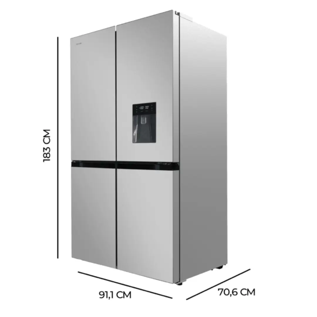 Dimensiones del frigorífico americano Cecotec Bolero CoolMarket 4D Inox, altura 183 cm, anchura 91 cm y profundidad, ideal para planificación del espacio en cocina.
