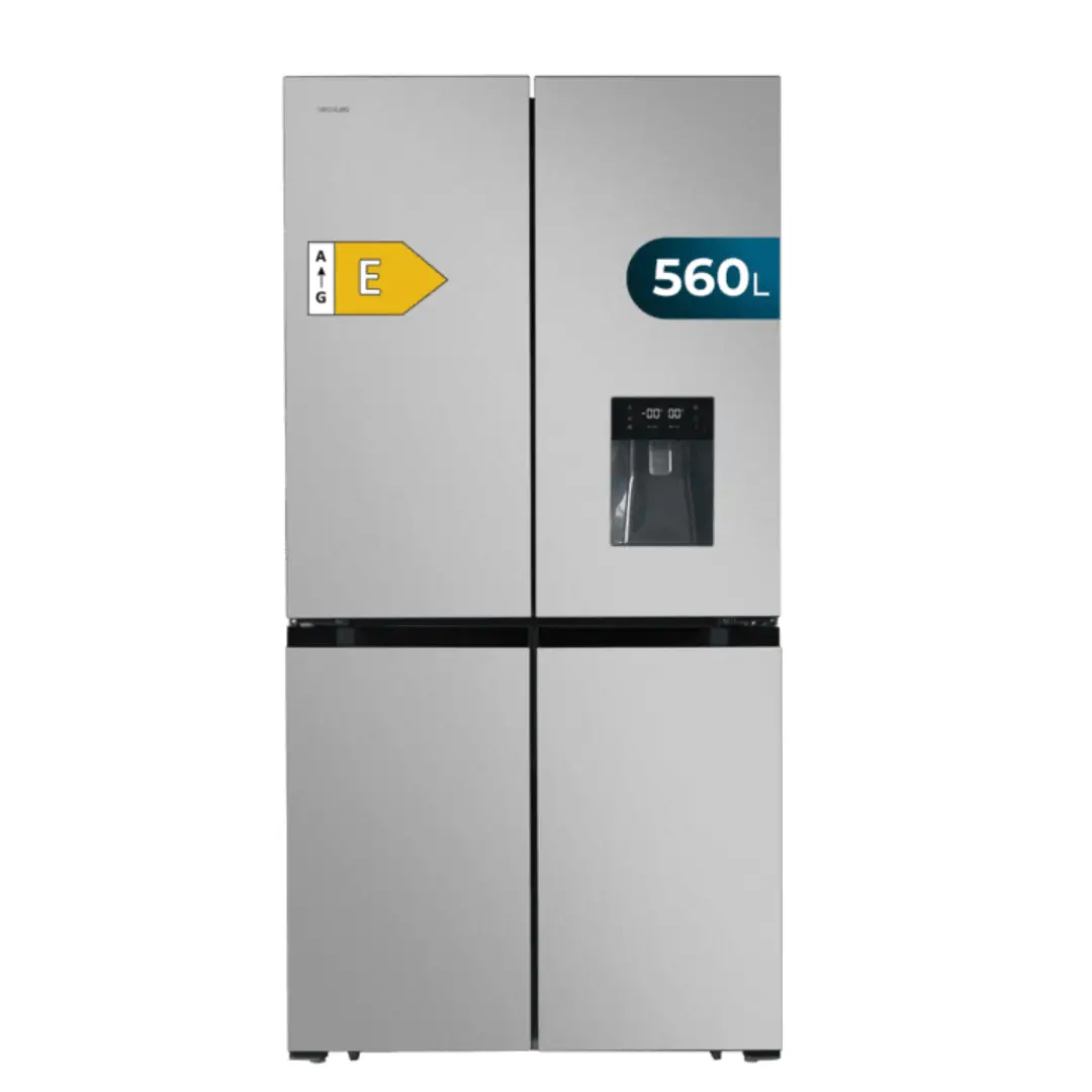 Frigorífico americano Cecotec Bolero CoolMarket 4D en acero inoxidable, capacidad 564 L, Clase E, con dispensador de agua y hielo, diseño elegante y moderno para cocina.