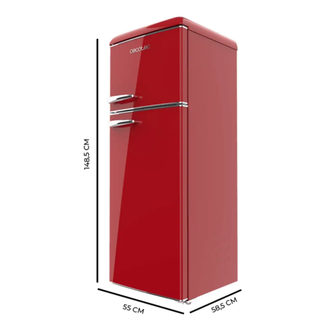 Dimensiones del frigorífico Cecotec Origin 215 Rojo 2 Puertas, indicando altura 148 cm, anchura y profundidad, ideal para planificación de espacio en cocina.