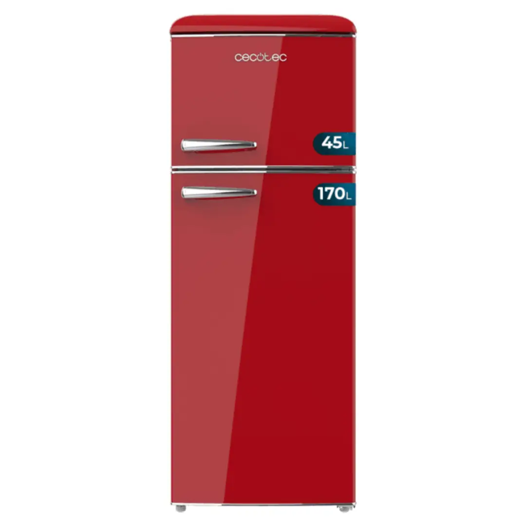 Frigorífico Cecotec Origin 215 en color rojo, 2 puertas, altura 148 cm, Clase E, diseño moderno con tirador cromado, ideal para cocinas con estilo.