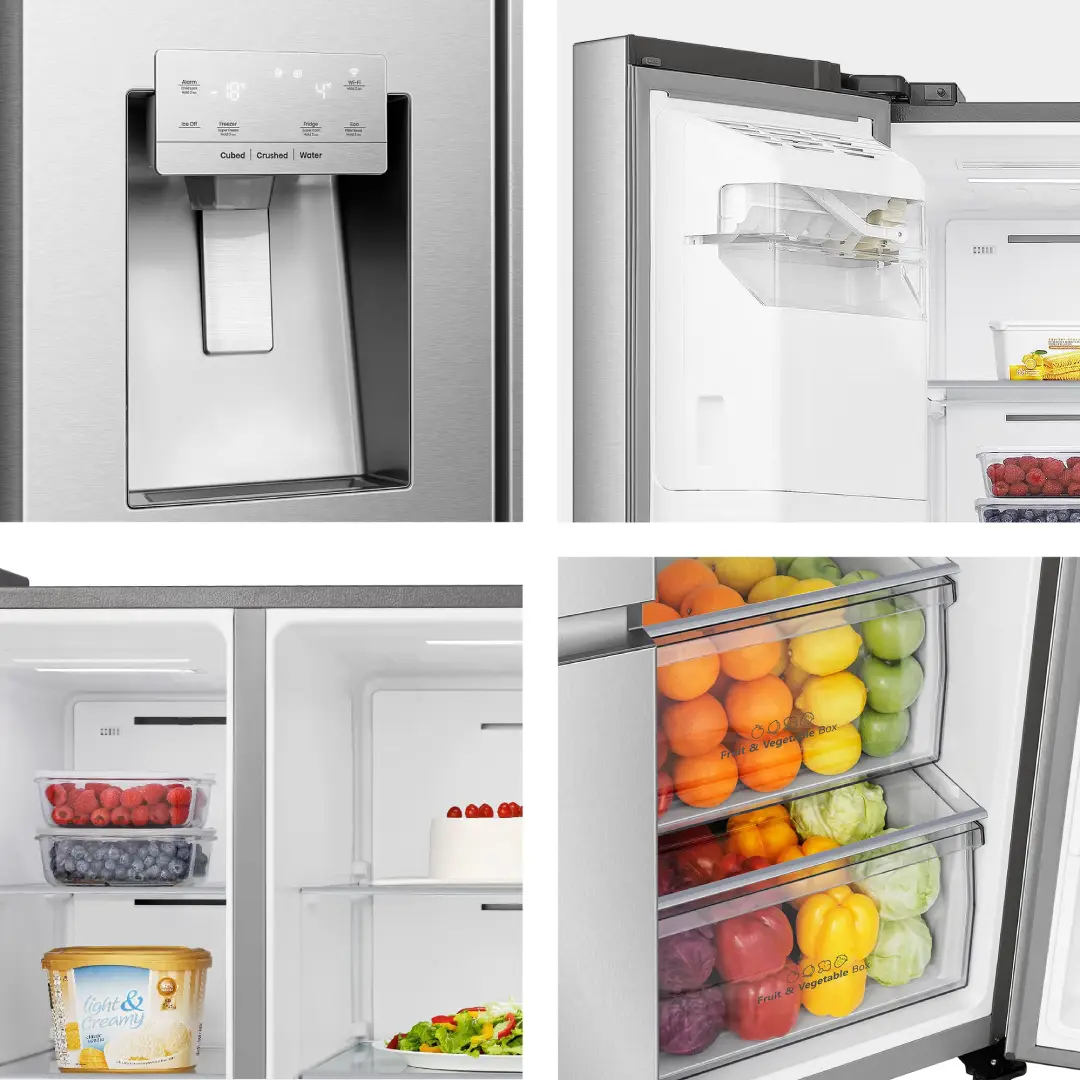 Imagen en primer plano de los cajones y el dispensador de agua y hielo del frigorífico Hisense RS818N4IIE1 en acabado inox.
