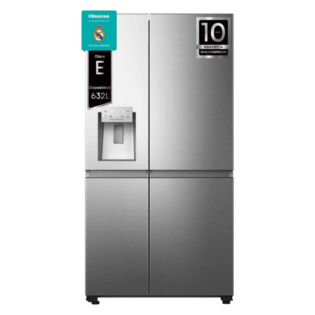 Imagen frontal del frigorífico americano Hisense RS818N4IIE1 en acabado inox, con 632 litros de capacidad y dispensador de agua y hielo.