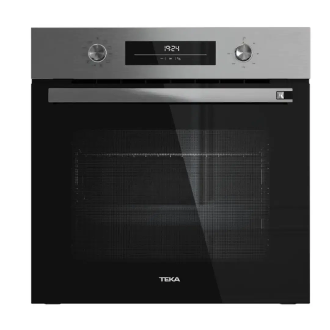 Imagen frontal del horno multifunción Teka HSB-6360 en acabado inox, con capacidad de 71 litros y eficiencia energética Clase A+.