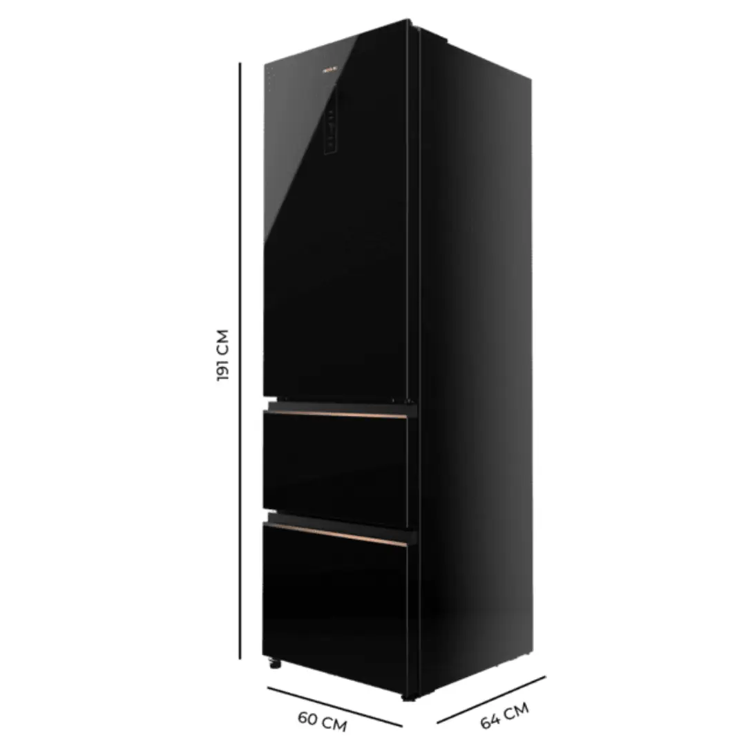 Dimensiones del combi Cecotec FD 400 Cristal Negro, altura, anchura y profundidad, capacidad 400 L, ideal para planificación del espacio en cocina.