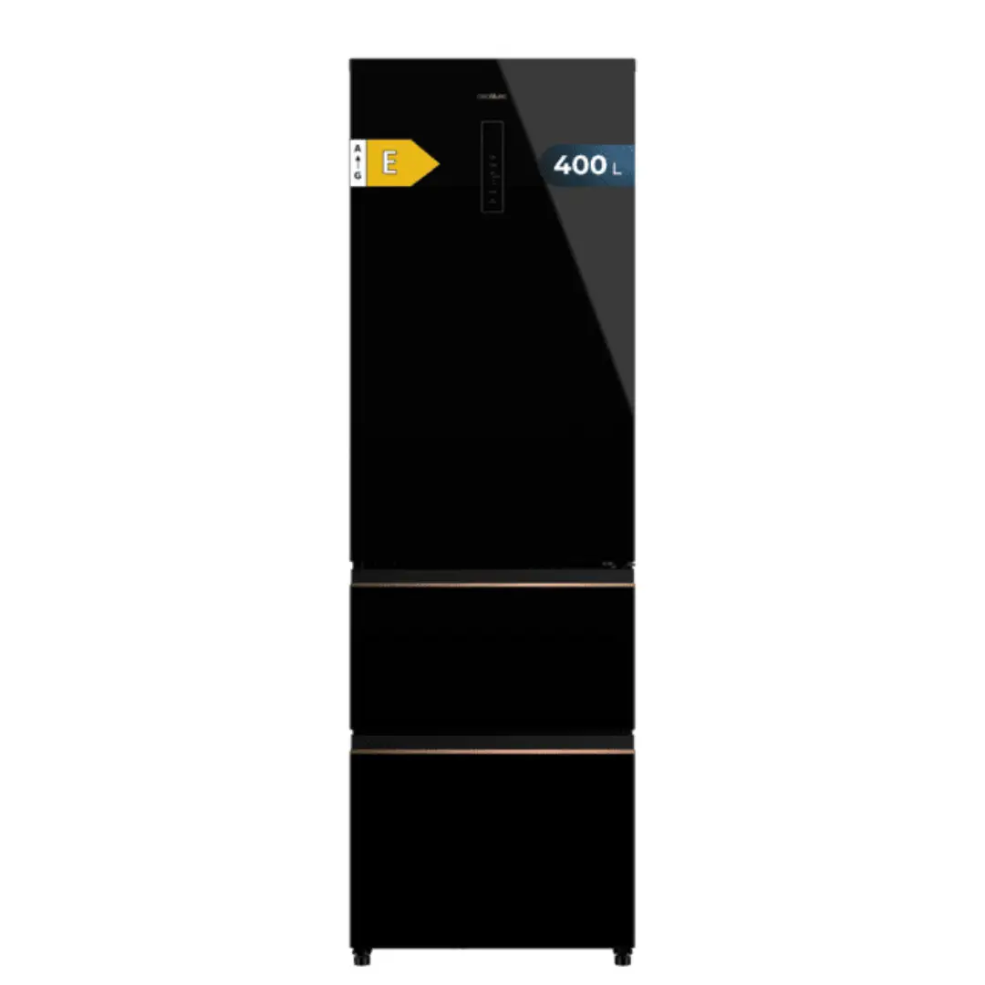 Frigorífico combi Cecotec FD 400 en cristal negro, capacidad 400 L, 3 puertas, sistema No Frost, eficiencia energética Clase E, diseño elegante para cualquier cocina moderna.