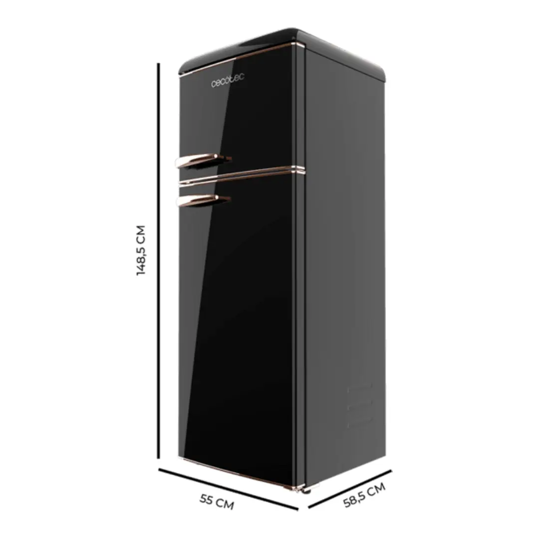Dimensiones del frigorífico Cecotec Origin 215 Negro 2 Puertas, indicando altura 144 cm, anchura y profundidad, ideal para planificación de espacio en cocina.