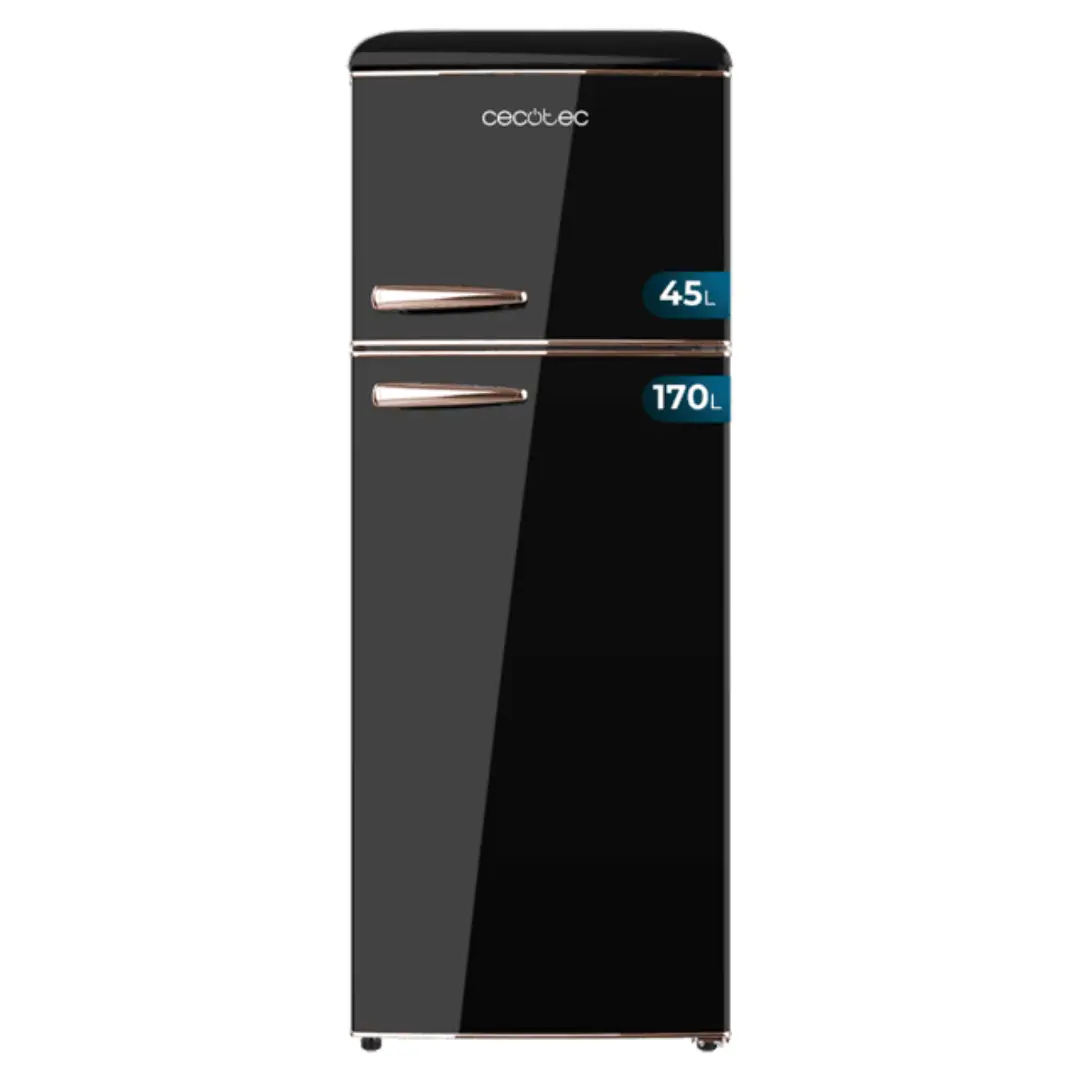 Frigorífico Cecotec Origin 215 en color negro, 2 puertas, altura 144 cm, Clase E, diseño moderno con tirador cromado, ideal para cocinas contemporáneas.