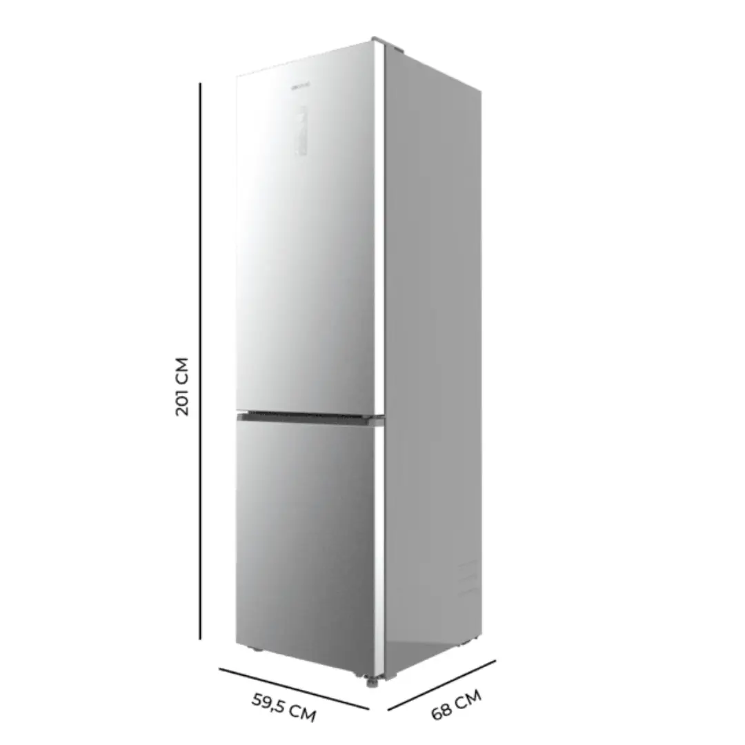 Dimensiones del combi Cecotec Bolero CoolMarket 456 Inox, altura 201 cm, anchura 60 cm y profundidad, capacidad 456 L, ideal para planificación del espacio en cocina.