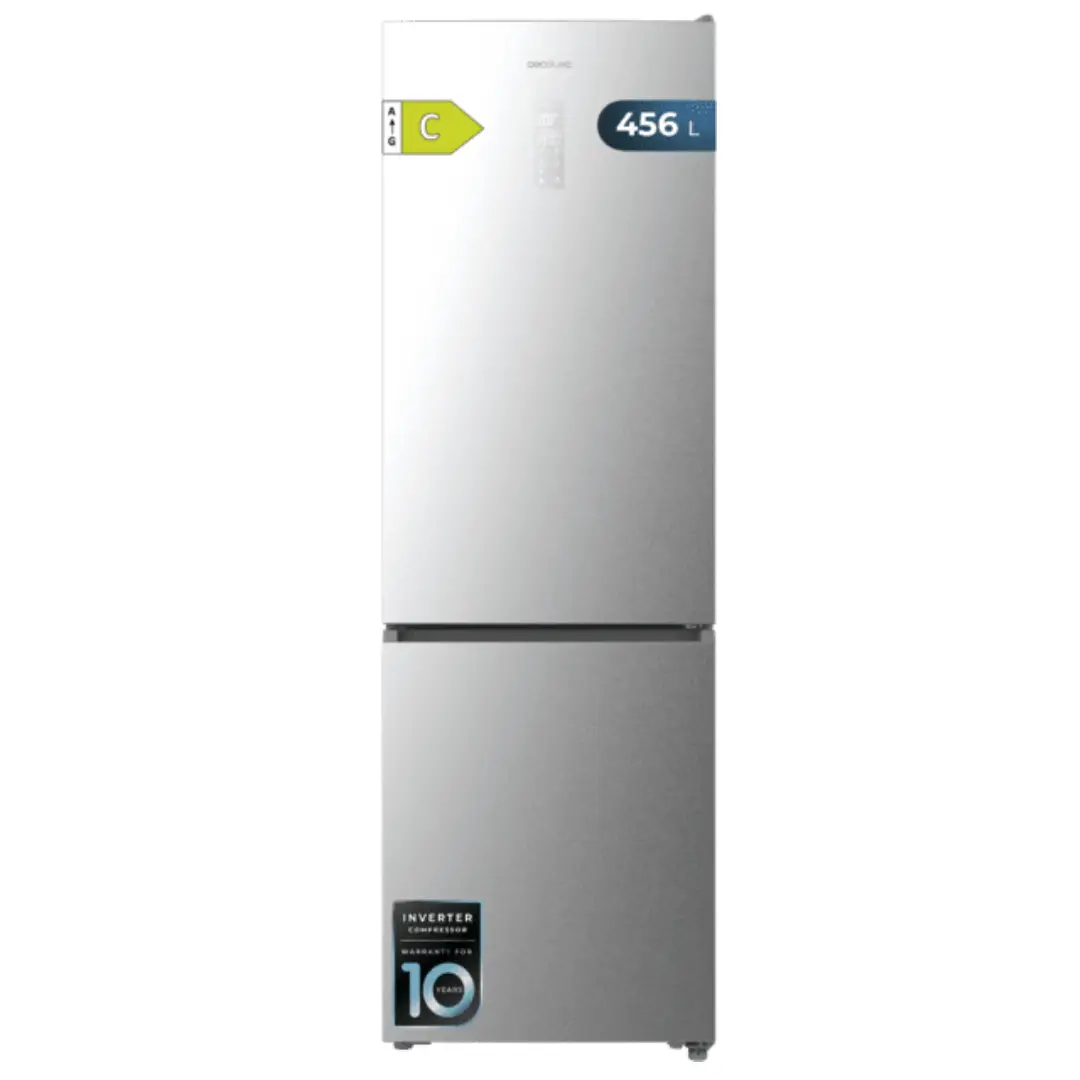 Frigorífico combi Cecotec Bolero CoolMarket 456 en acero inoxidable, capacidad 456 L, eficiencia energética Clase C, display digital, diseño moderno y elegante para cocinas contemporáneas.