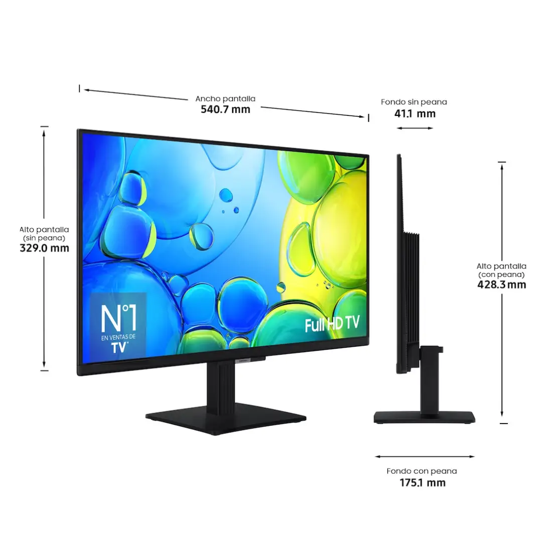 Imagen con las dimensiones del televisor Samsung TU-24F6005FKXXC de 24 pulgadas, indicando altura, anchura y profundidad del aparato.
