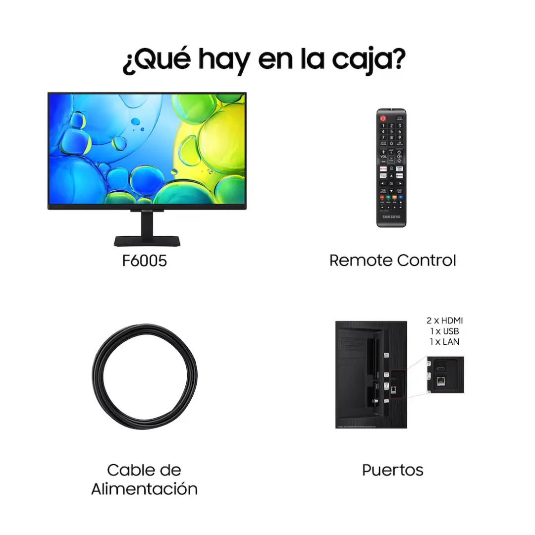 Imagen mostrando el contenido de la caja del televisor Samsung TU-24F6005FKXXC de 24", incluyendo mando a distancia, soporte, cables de conexión y manuales.