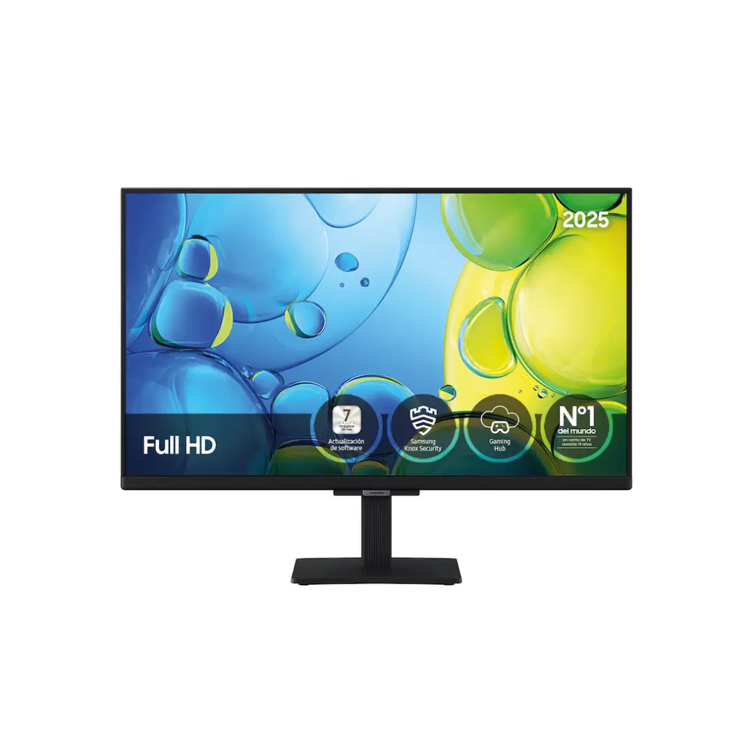 Imagen frontal del televisor LED Samsung TU-24F6005FKXXC de 24 pulgadas, con resolución Full HD y funciones Smart TV, mostrando su diseño compacto.