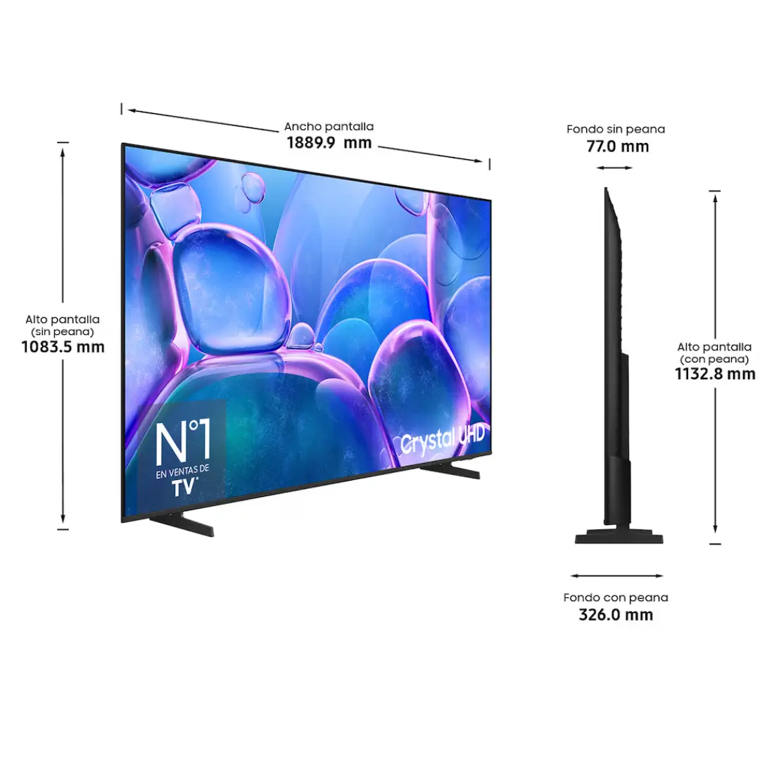 Imagen con las dimensiones del televisor Samsung TU-85U7025FKXXC 85", mostrando altura, anchura y profundidad del aparato.