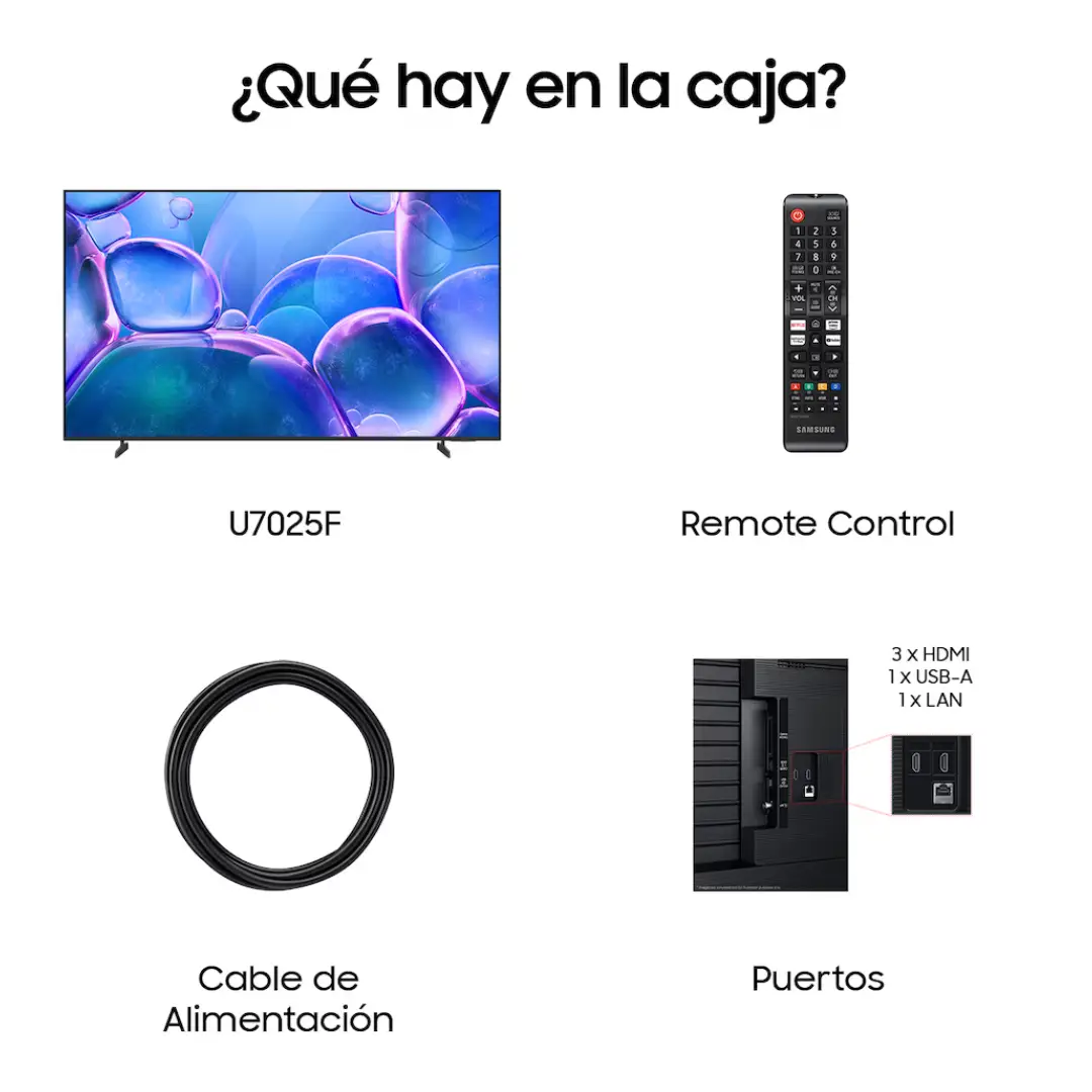 Imagen mostrando el contenido de la caja del televisor Samsung TU-85U7025FKXXC 85", incluyendo mando a distancia, cables, soporte y manuales.