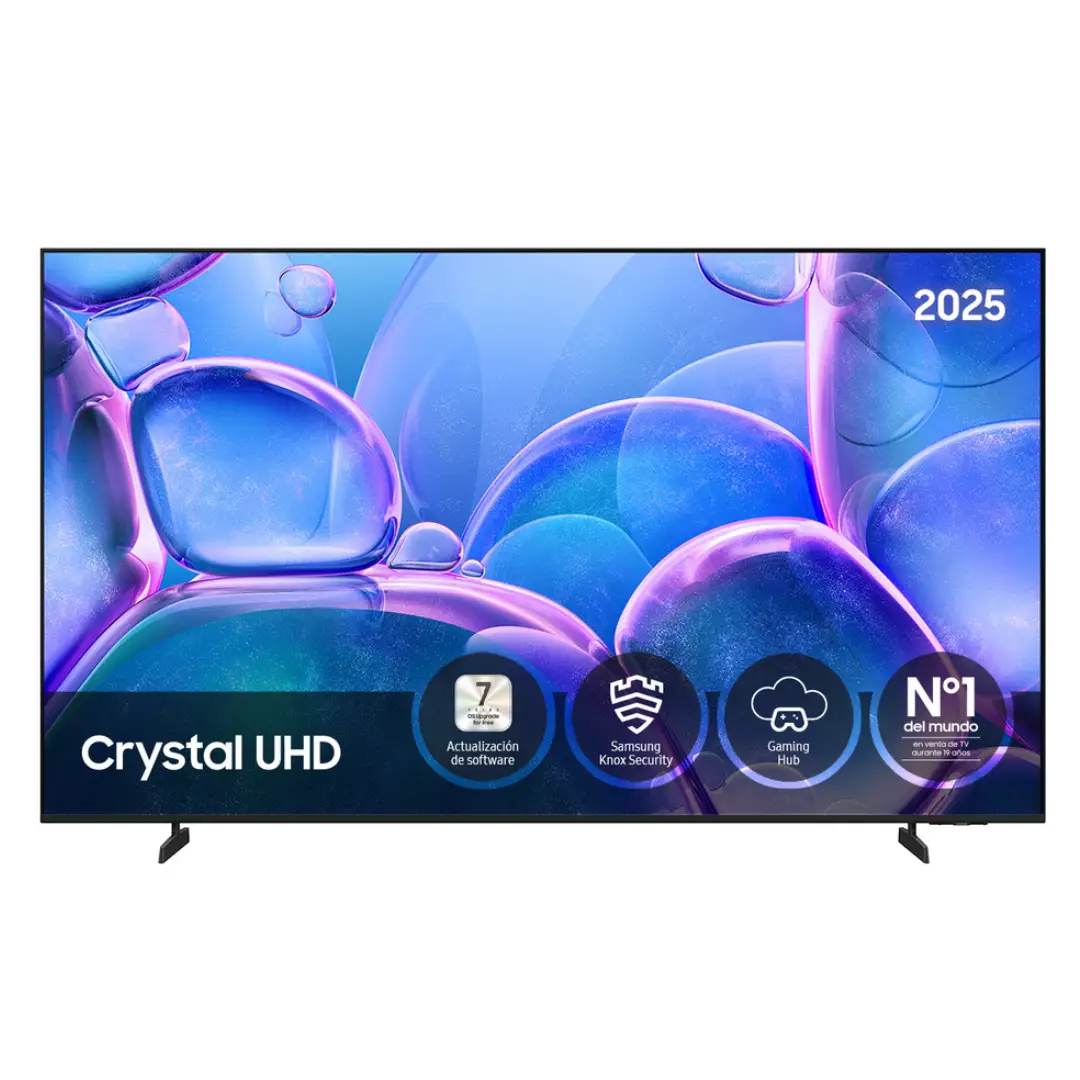 Imagen frontal del televisor LED Samsung TU-85U7025FKXXC de 85 pulgadas, resolución 4K y funciones Smart TV, mostrando su diseño moderno y pantalla grande.